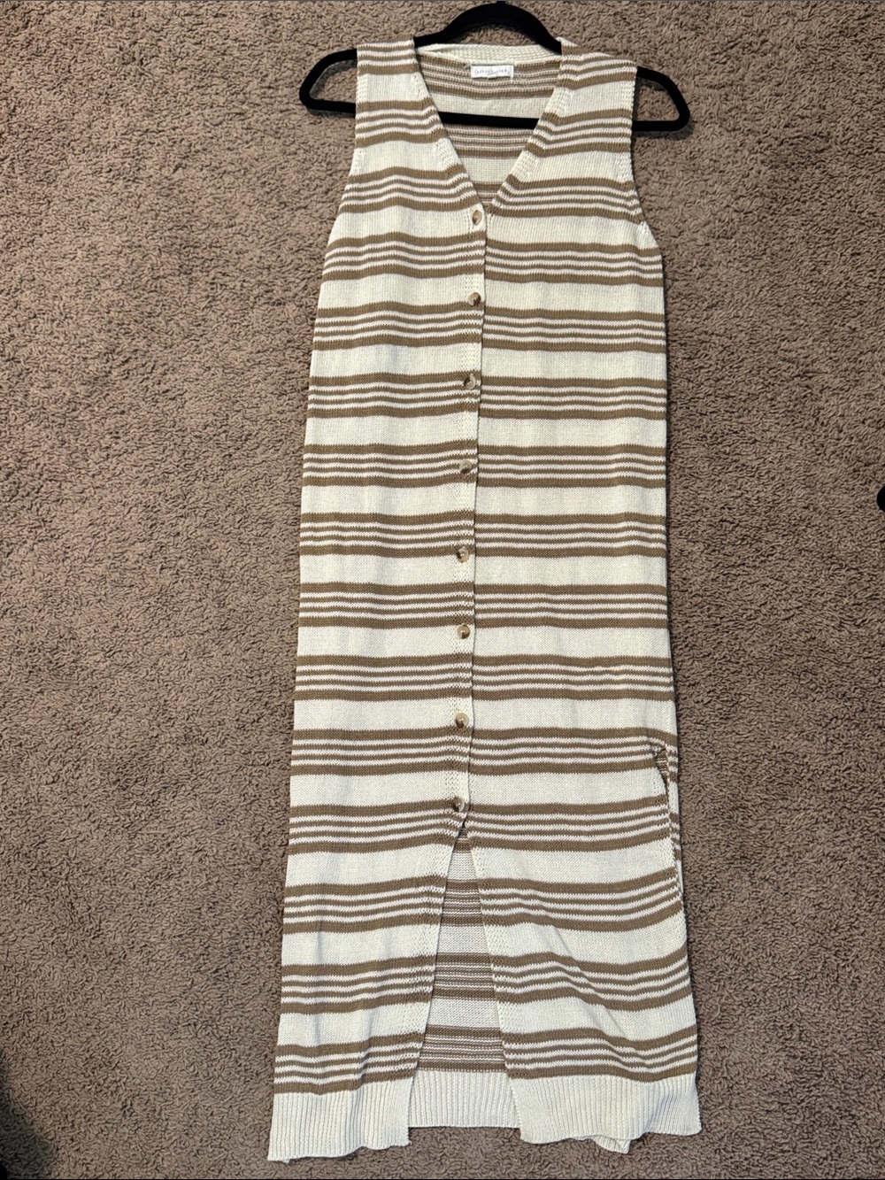 Little Lies Small Light Cream & Brown Striped Button-Front Midi Dress